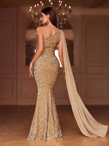 Faeriesty Elegant Shimmering Sequin Asymmetrical Neck Mermaid Gown – Perfect For Luxury Weddings, Evening Parties, Award Ceremonies, Black Tie Events, And Red Carpet Galas Party Dress Wedding Guest Dress Formal Dress Evening Dress