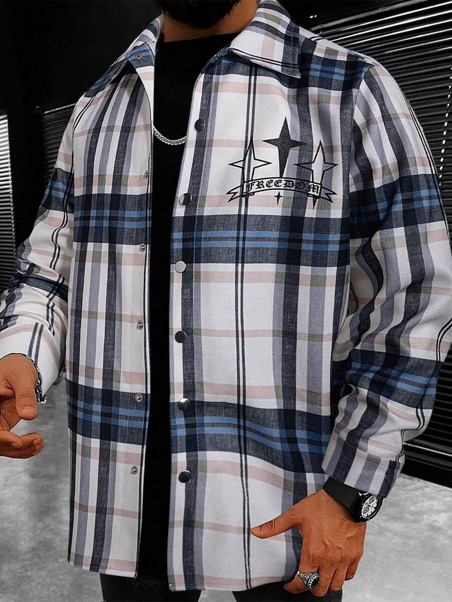 Manfinity Homme Men Plaid & Letter Graphic Overcoat - Multicolor - View 1