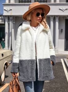 SHEIN LUNE 女款拼色絨毛翻領大衣 - 彩色 - 查看 1