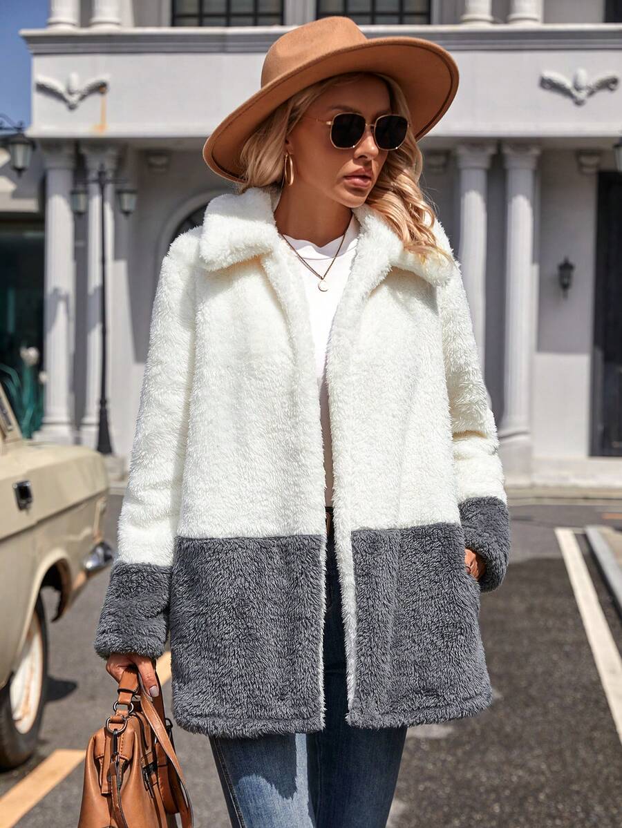 SHEIN LUNE 女款拼色絨毛翻領大衣 - 彩色 - 查看 1