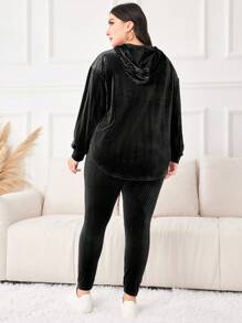 Mulvari Conjunto De Dos Piezas Con Capucha De Diseño De Costillas Acanalado De Color Sólido De Talla Grande - Negro - Ver 2