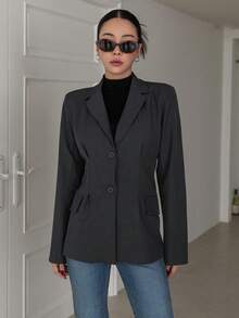 Dazy Designer Cổ áo Ngực đơn Áo vest - Xám - Xem 4