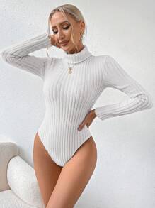 SHEIN LUNE Women's Solid Color High Neck Ribbed Bodycon Bodysuit Fall Cloth For Women - White - View 5