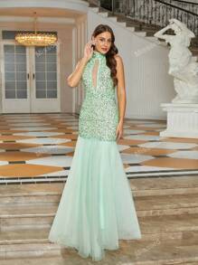 Missord Glitter & Mesh Mermaid Hem Evening Party Formal Dress