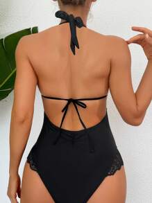 Swim Vcay Solid Color Paneled Lace One-piece Swimsuit With Cutout Neckline - Black - View 2