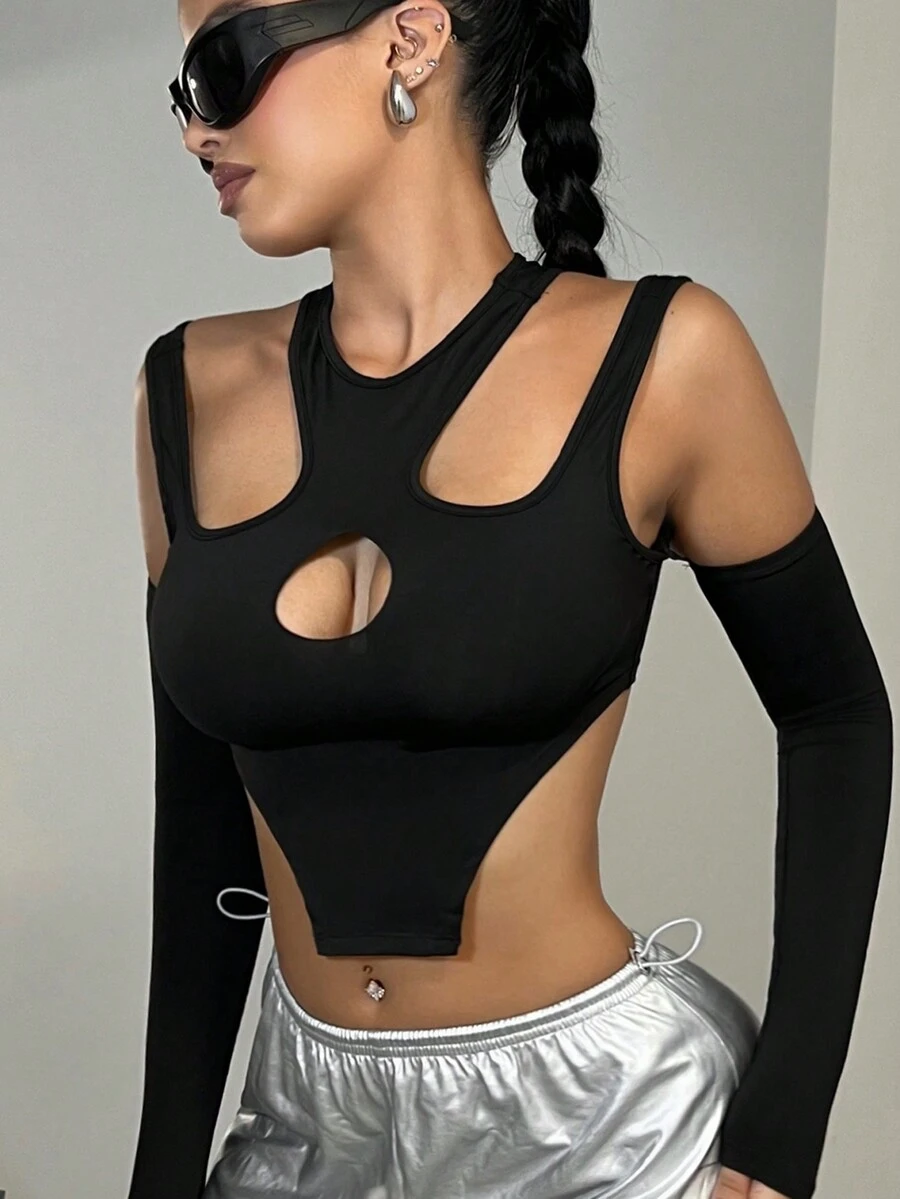 SHEIN ICON 挖肩鏤空不對稱下擺短款上衣 - 黑色 - 查看 1