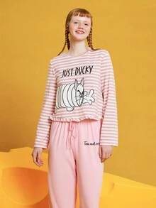 TOM & JERRY X SHEIN Women's Striped T-shirt And Drawstring Cartoon Printed Long Pants Pajama Set - Multicolor - View 4