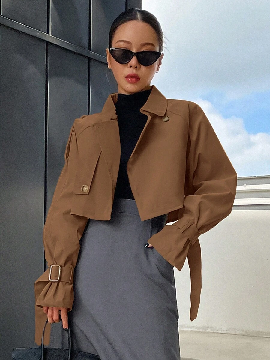 DAZY Khóa Tay áo Tay Raglan Áo khoác Trench - màu nâu - Xem 1