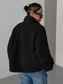 DAZY 纯色立领拉链夹克，女士深秋休闲补丁，口袋，拉链落肩领超大黑色纯色女士夹克，休闲日常穿着