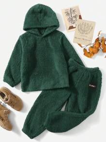 SHEIN 男小童素色毛絨帽衫&字母貼布長褲 - 墨綠色 - 查看 1