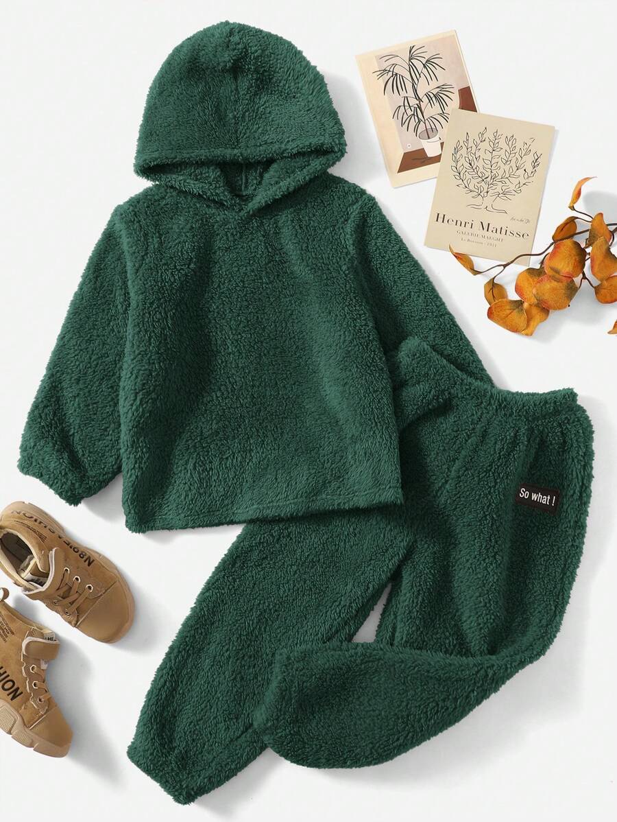 SHEIN 男小童素色毛絨帽衫&字母貼布長褲 - 墨綠色 - 查看 1