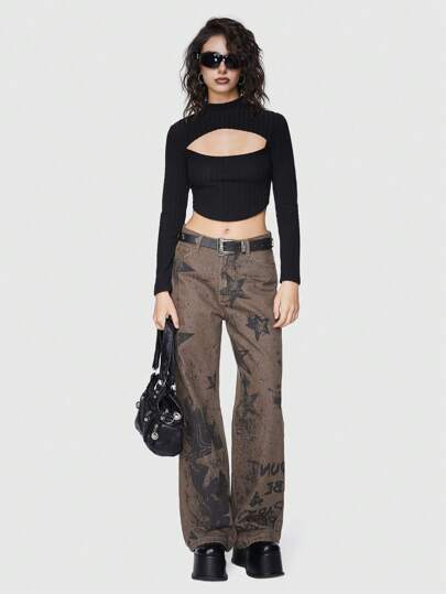 Grunge Punk Straight Leg Denim Jeans With Star Print