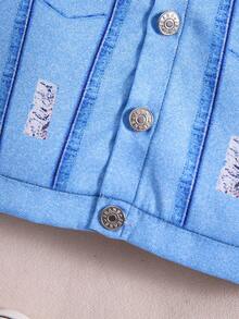 Baby Boy Distressed Denim Effect Long Sleeve Casual Jacket, Streetwear Cool - Blue - View 6