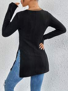 SHEIN Essnce Của phụ nữ Cổ chữ V Tương phản Màu sắc Viền chia cắt Áo thun - màu đen - Xem 2