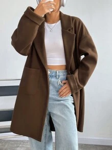 SHEIN Unity Màu thuần Túi đôi Tay áo dài Len áo - màu nâu - Xem 1