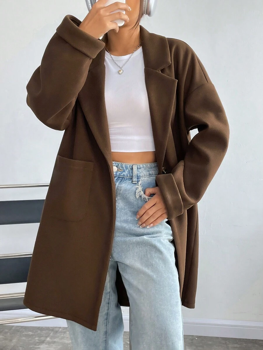 SHEIN Unity Màu thuần Túi đôi Tay áo dài Len áo - màu nâu - Xem 1