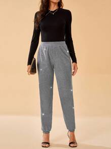 SHEIN Tall High Waist Glitter Pants - Grey - View 5