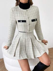 Firerie Plaid Print Button Front Crop Jacket & Pleated Mini Skirt Two Piece Skirt Set