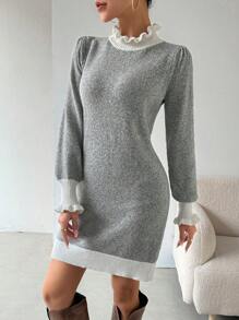 Calvaya Contrast Trim Flounce Sleeve Sweater Dress