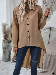 EMERY ROSE Camisa de hombros caídos bajo irregular - Caqui - Ver 5