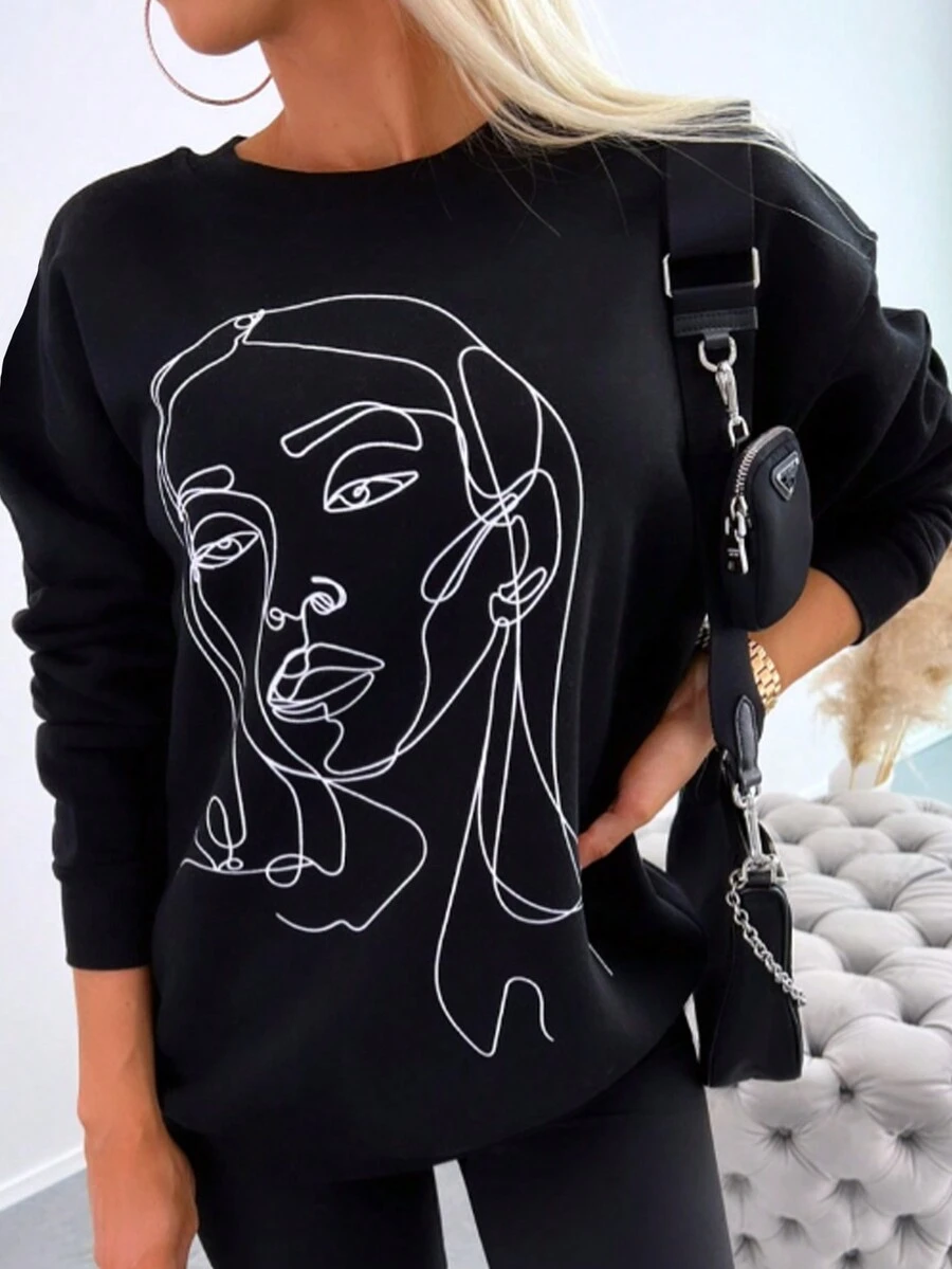 SHEIN Essnce 人像圖案加絨內裏運動衫 - 黑色 - 查看 1