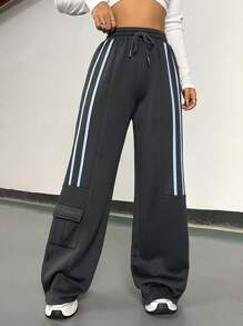 StreetHx Women's Side Stripe Drawstring Thermal Lined Sweatpants - Black - View 1