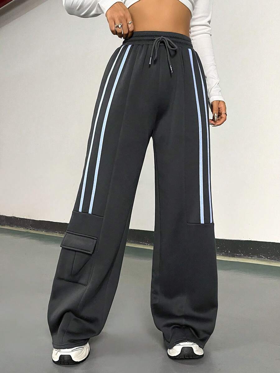 StreetHx Women's Side Stripe Drawstring Thermal Lined Sweatpants - Black - View 1