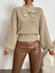 SHEIN Essnce Women'S Bowknot Decor Drop Shoulder Sweater - Apricot - View 4