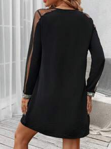 SHEIN Clasi Contrast Mesh Sleeve Contrast Sequin Tunic Dress - Black - View 6