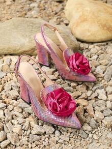 女士懶人高跟鞋和厚底復古尖頭泵鞋，適用於夏季 - 玫紅色 - 查看 4