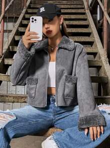 SHEIN Unity Áo khoác ngắn lót nhiệt dành cho nữ có cổ bẻ và khóa kéo - Màu xám đen - Xem 2