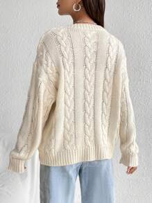 SHEIN Unity Màu thuần Thả vai Vòng cổ Xoắn Dan Áo len - trắng - Xem 2