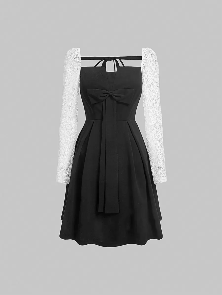 SHEIN MOD Lace Bowknot Dress - Black and White - View 1