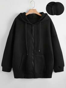 Flirla Sudadera con cremallera y hombros caídos de talla grande y unicolor - Negro - Ver 1
