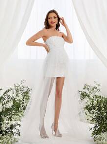 Maternity Floral Jacquard Mesh Contrast Halter Elegant Dress, For Party - White - View 6