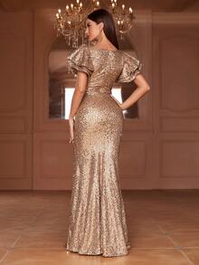 Faeriesty 蝴蝶袖开叉大腿亮片舞会礼服 - 香檳色 - 查看 2