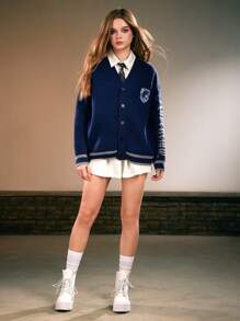 Harry Potter | ROMWE Women's Rauenclaw Letter Embroidered Badge Dropped Shoulder Loose Cardigan Sweater - Blue - View 5