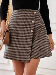 SHEIN BIZwear 格紋羈扣細節迷你裙 - 彩色 - 查看 1