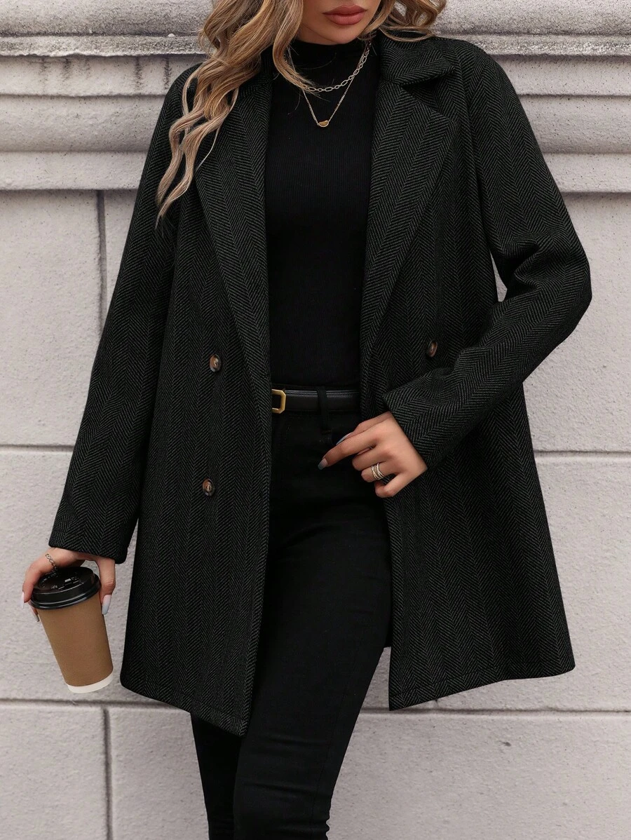 SHEIN Frenchy 雙排扣西裝領西裝外套 - 黑色 - 查看 1