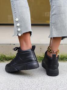 女款黑色英式綁帶運動鞋,圓頭中/高幫平底滑板鞋,時尚透氣防滑學生鞋 - 黑色 - 查看 7