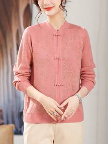 女式复古纽扣装饰长袖针织毛衣，秋冬款 - 粉色 - 查看 3