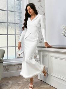 SHEIN Privé 女款交叉上衣魚尾裙兩件套 - 白色 - 查看 4