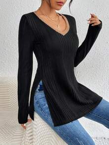 SHEIN Essnce Của phụ nữ Cổ chữ V Tương phản Màu sắc Viền chia cắt Áo thun - màu đen - Xem 3