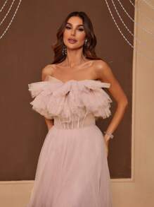 SHEIN Belle Off Shoulder Layered Mesh Ruffle Cake Dress For Women's Formal Evening Dress - Pink - View 3