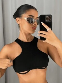 SHEIN ICON Solid Color Hollow Out Tank Top - Black - View 4