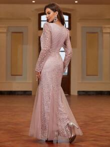 SHEIN Belle Luxury Heavy Duty Women's Evening Prom Dress With Embroidery And Mesh Panel - Pink - View 3