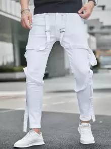 Manfinity Homme 男士街头时尚白色牛仔裤，磨边牛仔裤纯色修身长款白色洗水工装牛仔裤，适合送给老公、男朋友的礼物 - 白色 - 查看 1