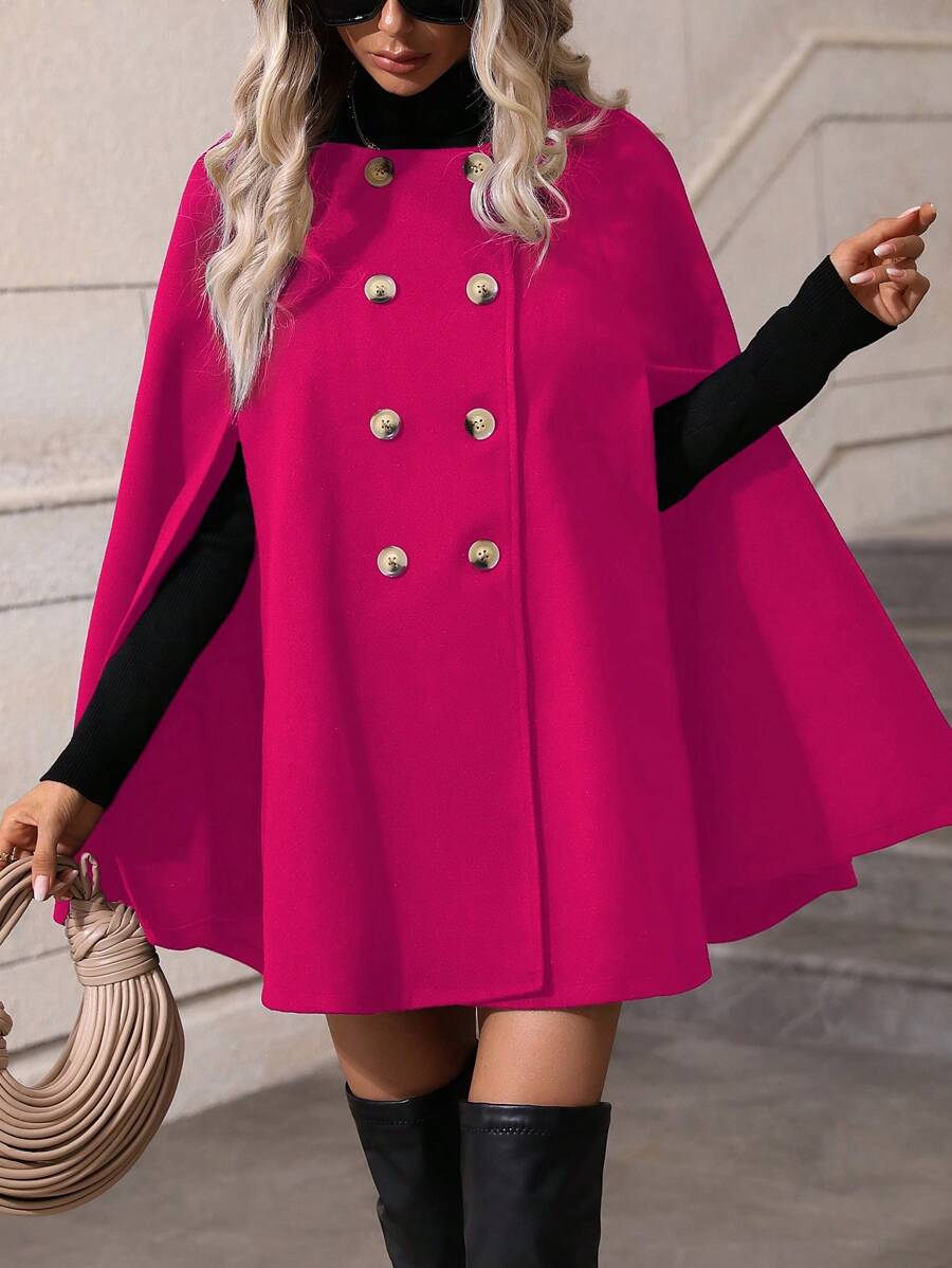 SHEIN Clasi Double Breasted Cloak Sleeve Cape Overcoat - Hot Pink - View 1