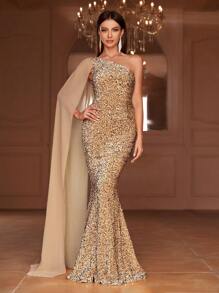 Faeriesty Elegant Shimmering Sequin Asymmetrical Neck Mermaid Gown – Perfect For Luxury Weddings, Evening Parties, Award Ceremonies, Black Tie Events, And Red Carpet Galas Party Dress Wedding Guest Dress Formal Dress Evening Dress