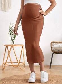 SHEIN Maternity Adjustable Waist Split Back Rib-knit Pencil Skirt - Brown - View 4